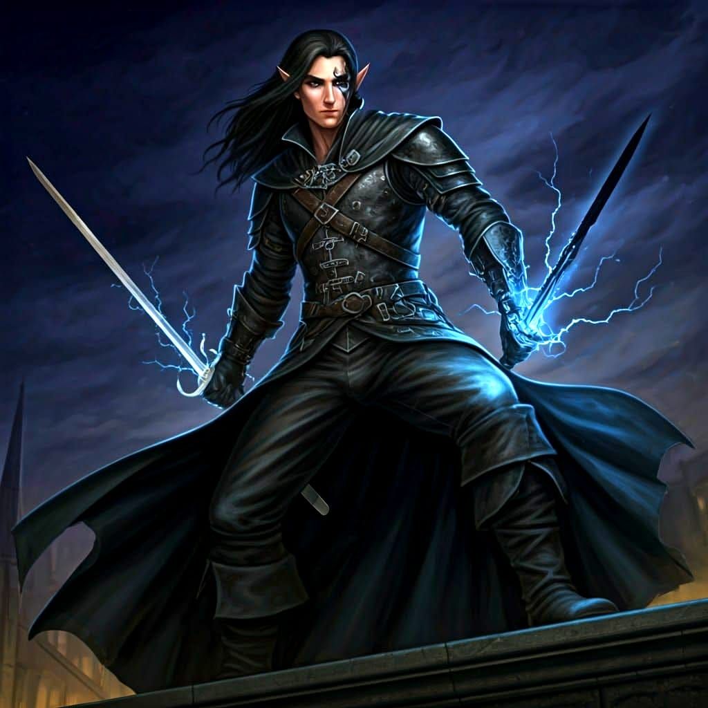Half Elf Rogue with Lightning Sword on Rooftop