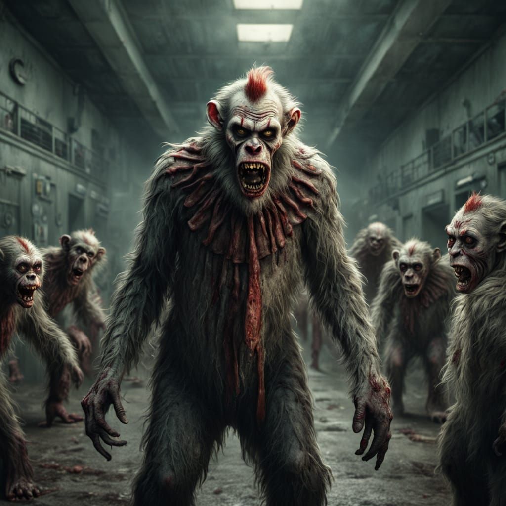Zombie Monkey Monster Clowns in Asylum: Digital Matte Painti...