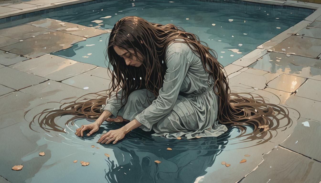 Poignant Woman Kneeling by Pool of Tears