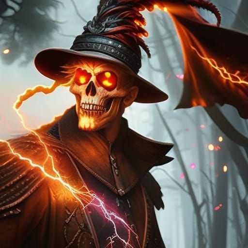 Lightning Skeletal Mage Portrait in Watercolor Style