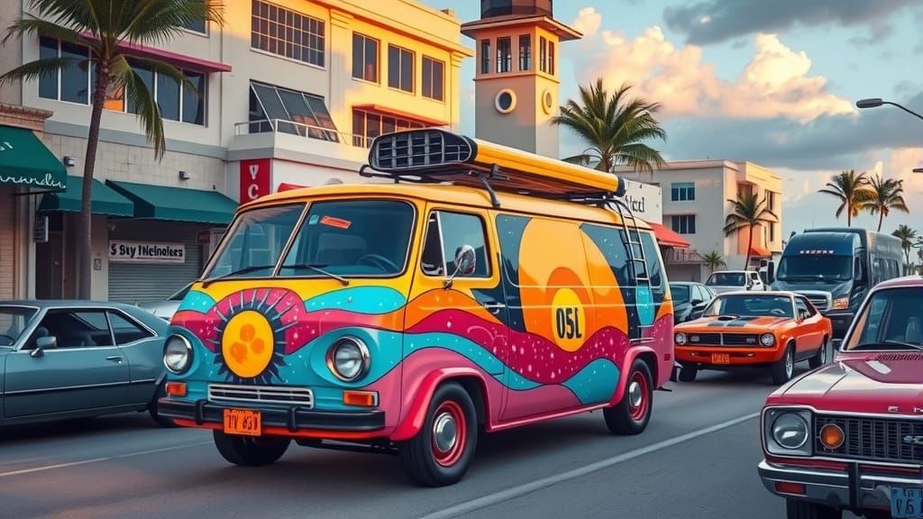 Vibrant Airbrushed Van Parked on 1970s Miami Street