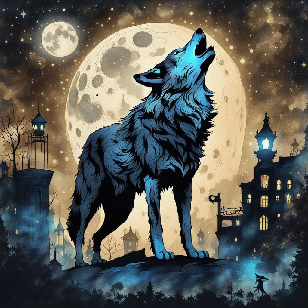 Steampunk Wolf Howling at Moon in Ink Painting