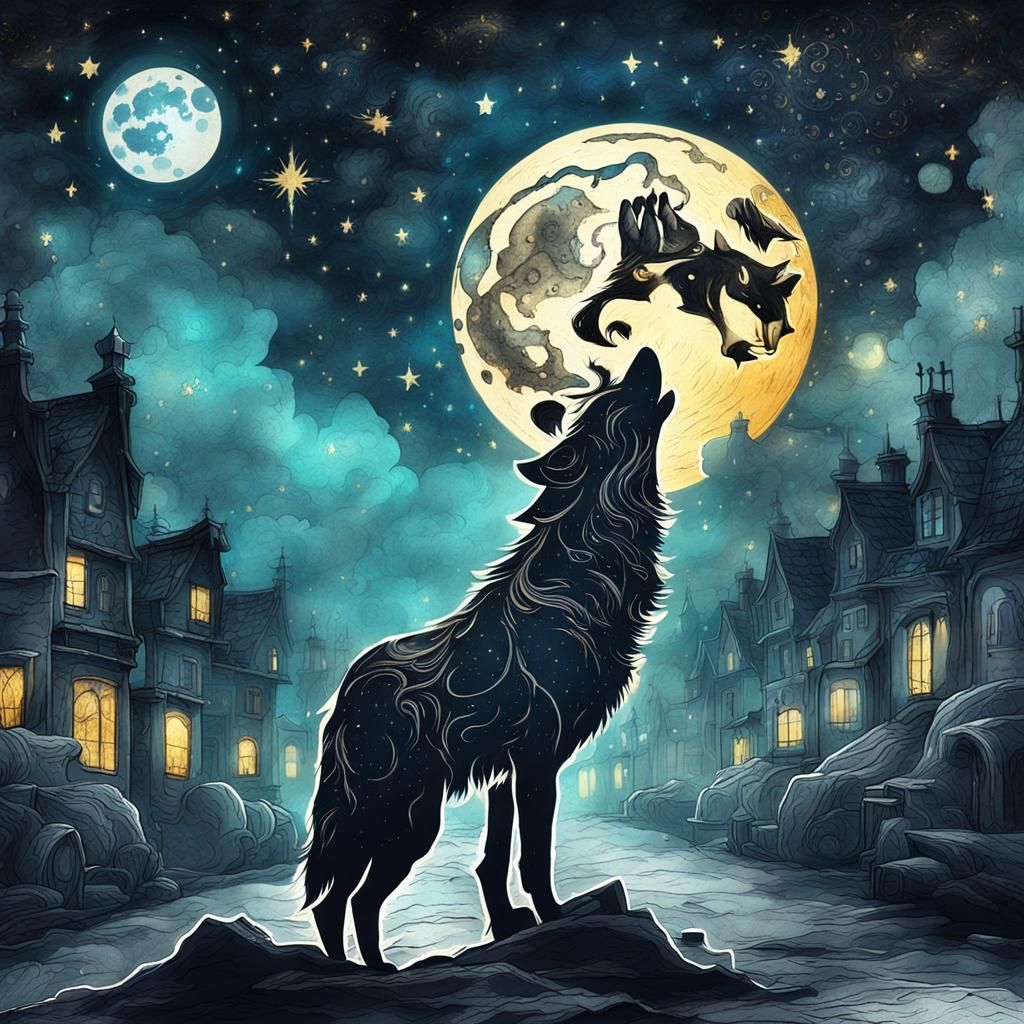 Wolf Howling at Moon in Steampunk Ink Painting