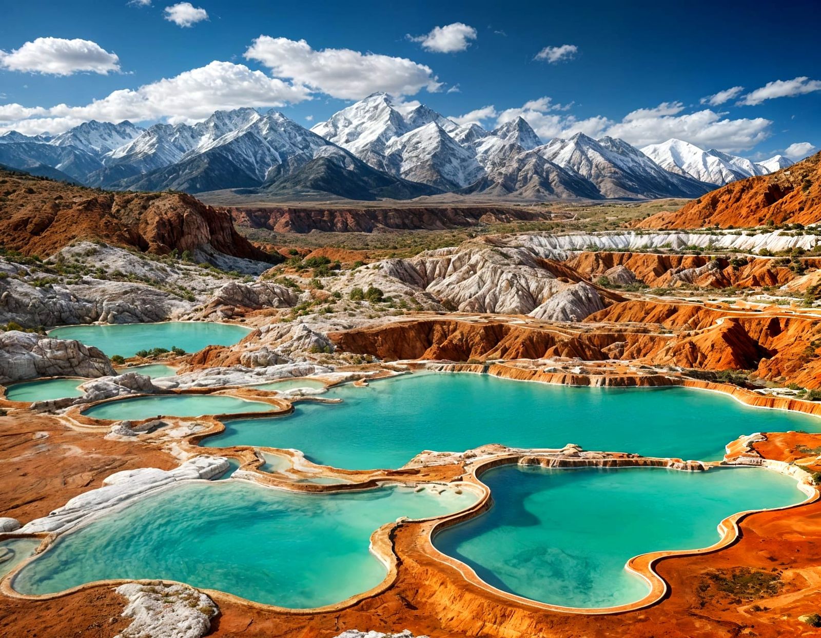 Turquoise Mineral Pools in Rust-Colored Hills