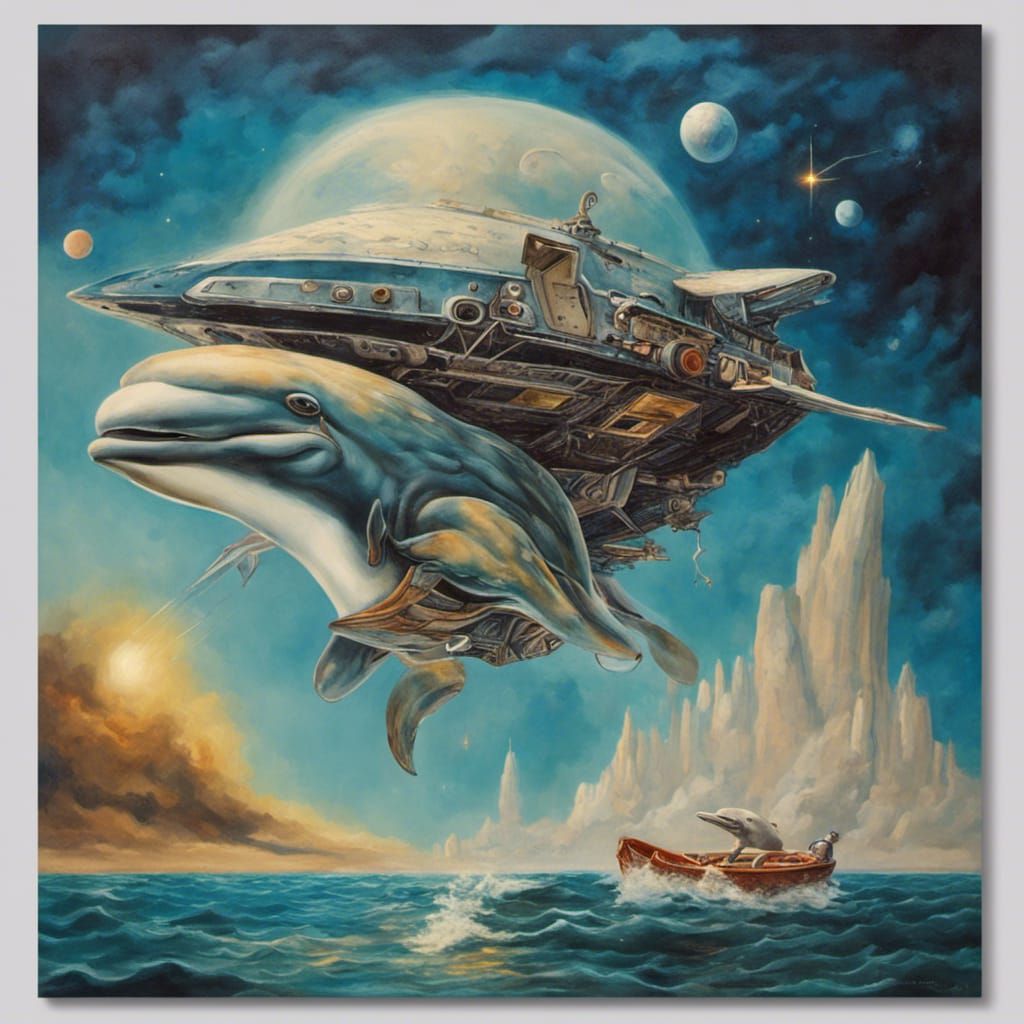 Dolphin Astronaut Leads Spaceship: Surrealist Oil Painting