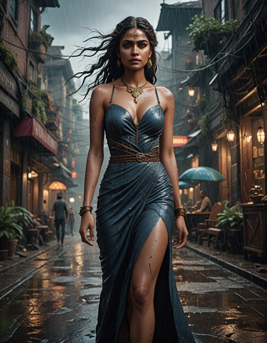 Voluptuous Indian Woman in Rain, Digital Painting