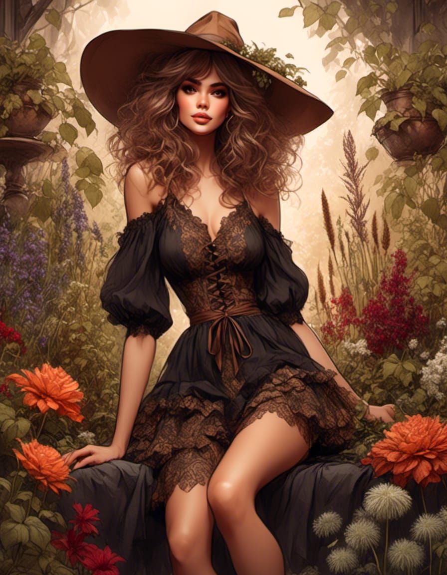 Detailed Sketch of a Cute Garden Witch