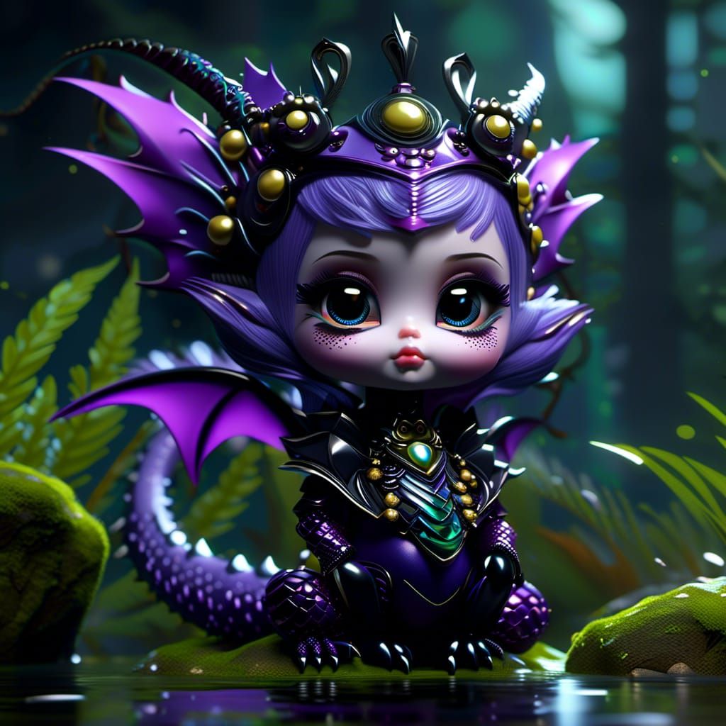 Goth Chibi Dragon in Dark Water Illustration