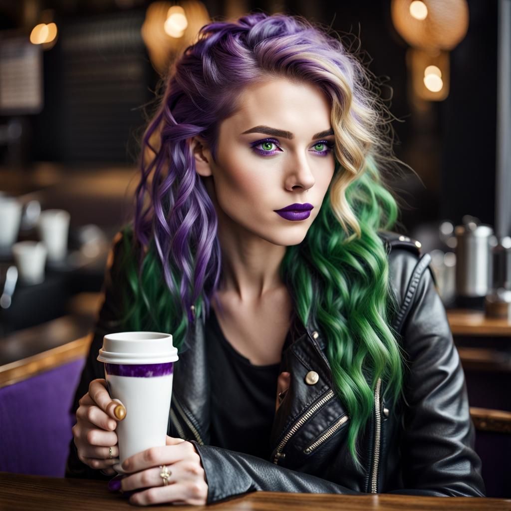 Viking Woman with Purple Hair Drinking Coffee