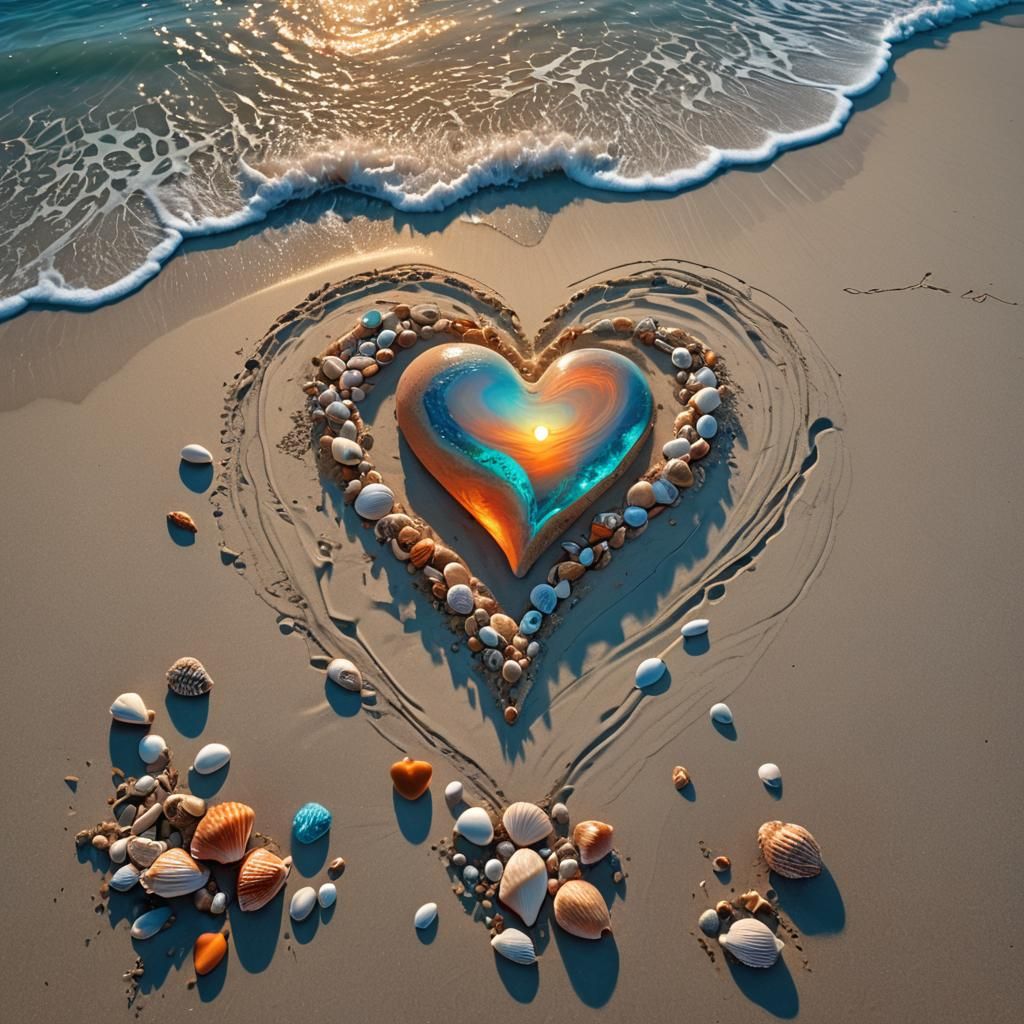 Glowing Heart on Sunset Beach: Fantasy Art