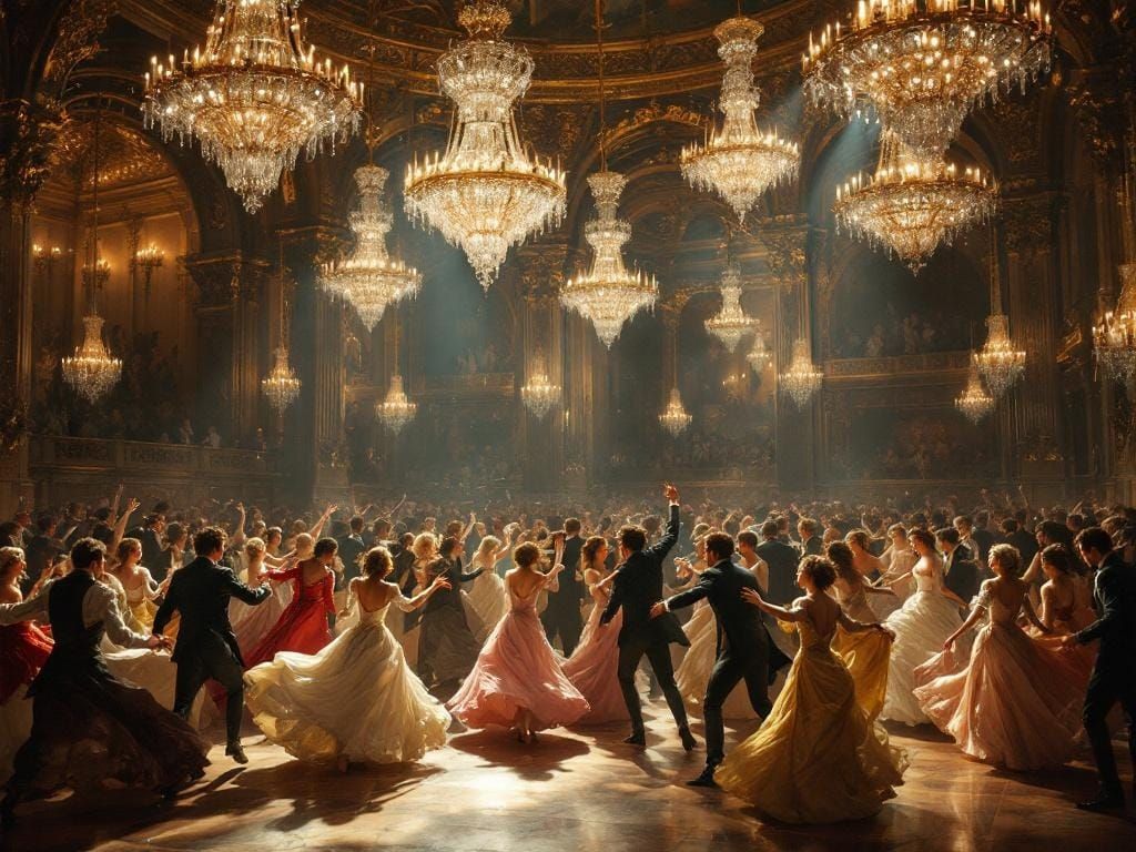 Baroque Ballroom with Dancers and Chandeliers