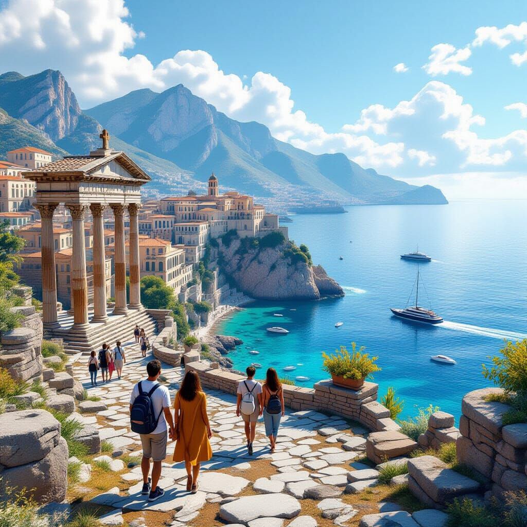Modern Tourists at Roman Ruins: 3D Render