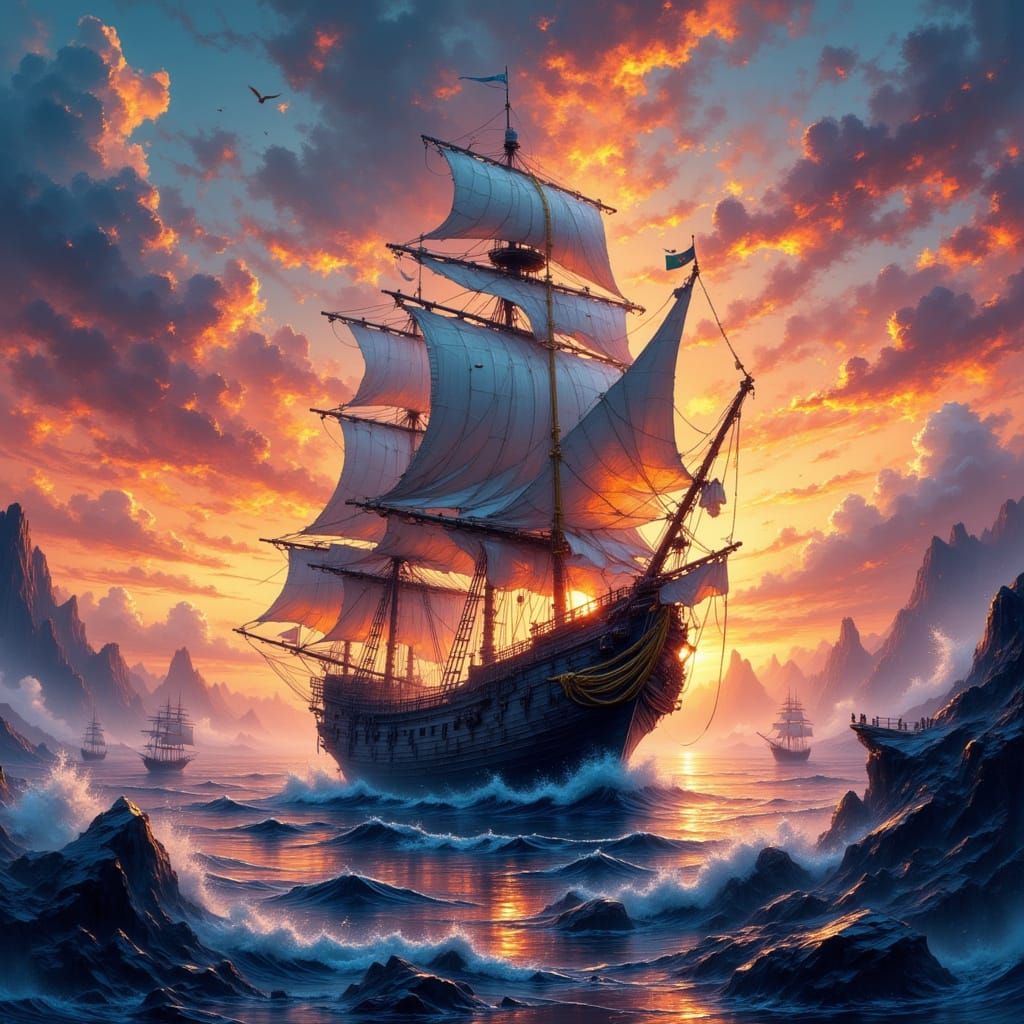 Majestic Ship Sails at Dusk in Epic Impressionist Style
