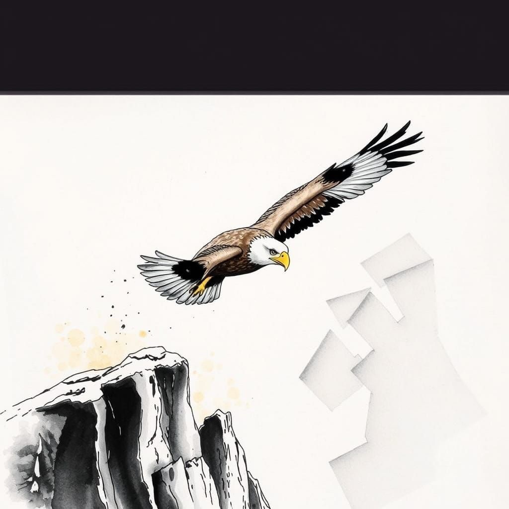 Eagle Soaring Over Cliffs in Ink and Watercolor
