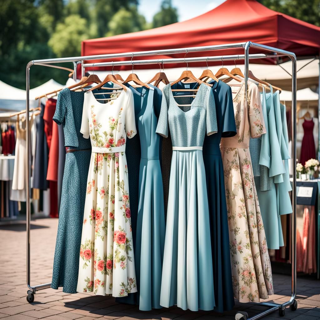 Realistic Clothing Rack with Ladies' Dresses