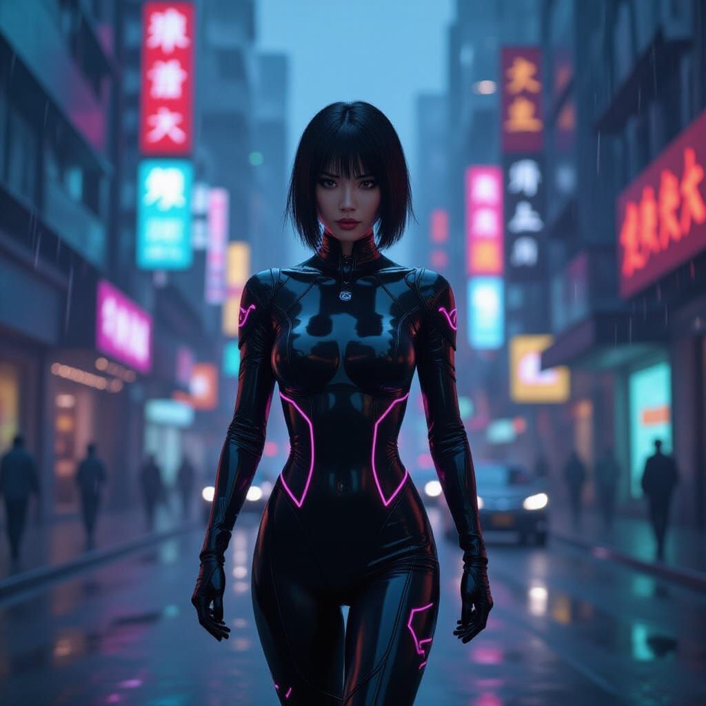 Thai Woman in Cyberpunk Cityscape