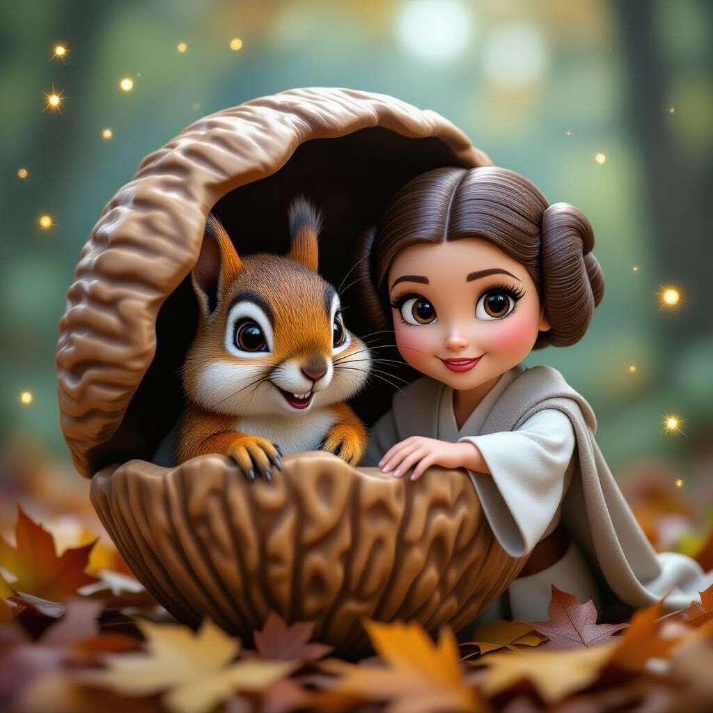 Squirrel and Princess Leia Behind Acorn in 3D