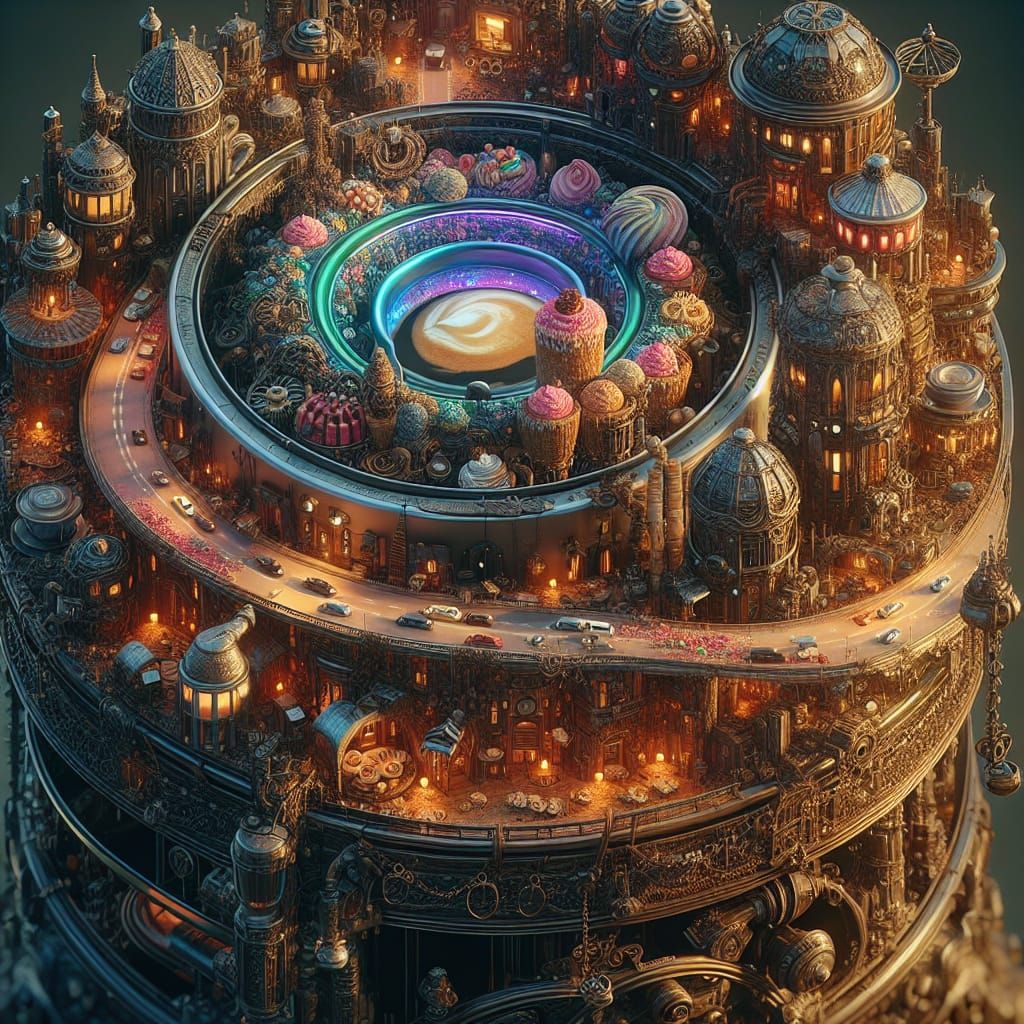 Fantastical Coffee City in an Ornate Metal Maker with Desser...