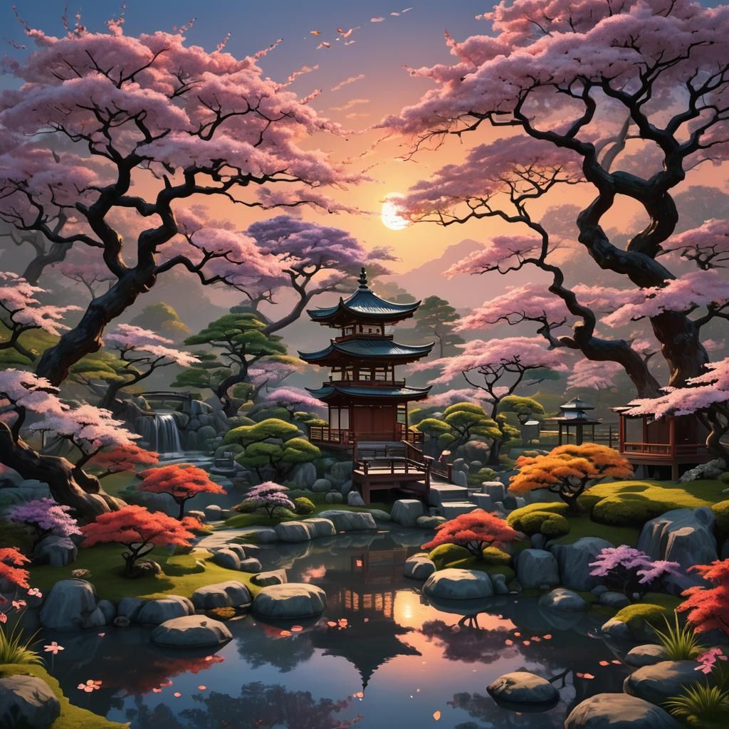 Zen Japanese Garden at Sunset in Digital 3D