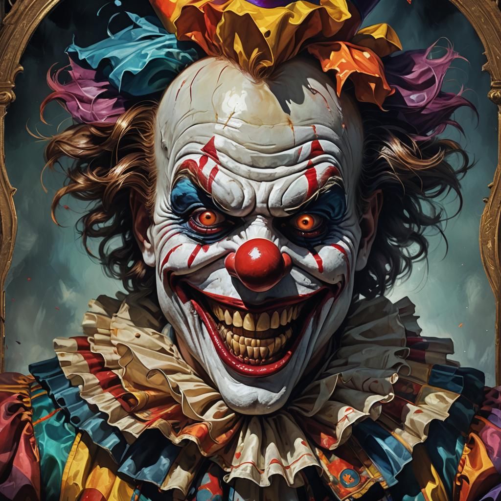 Grotesque Halloween Clown Portrait in Oil Painting Style