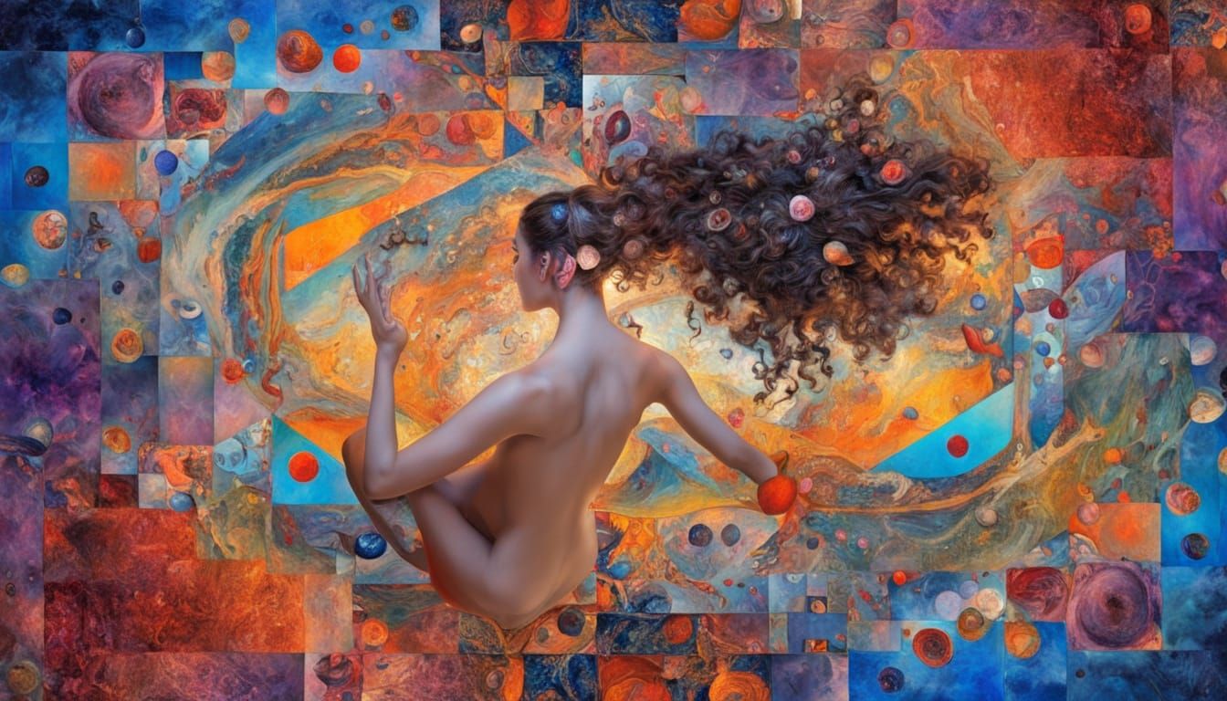 Woman on Piano Amidst Swirling Colors