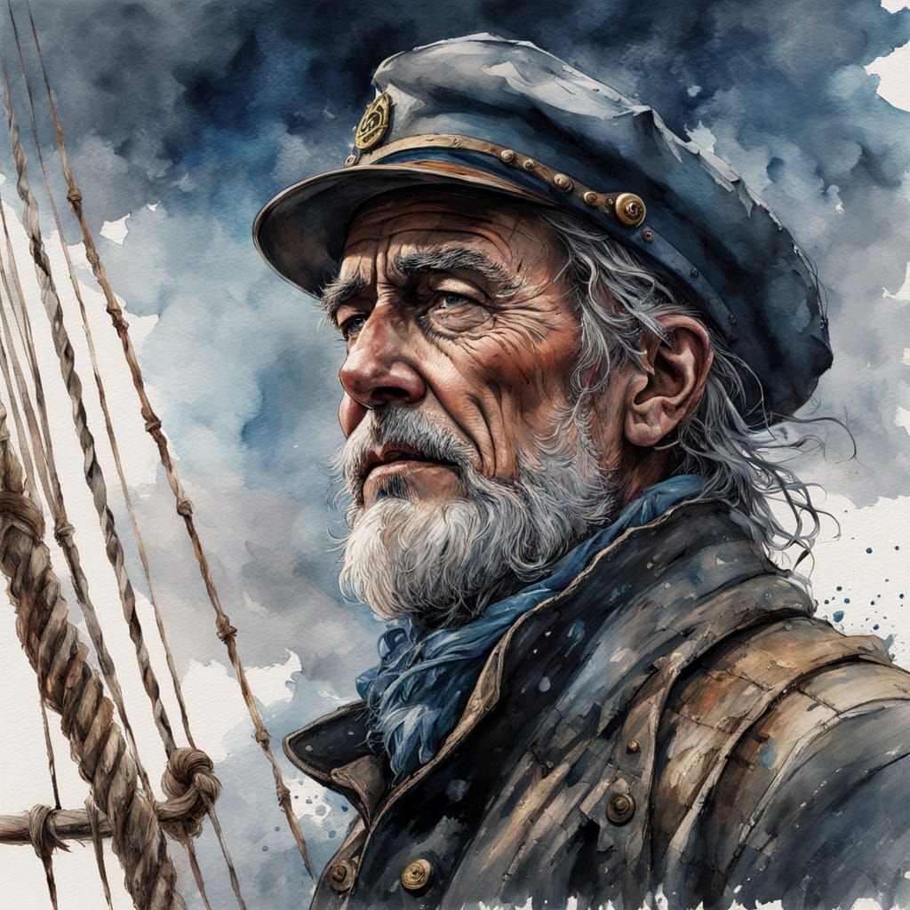 Surrealistic Sailor in Snowy Stormy Seascape