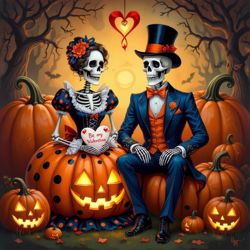 Skeletal Victorian Couple's Haunted Valentine Amidst Giant P...