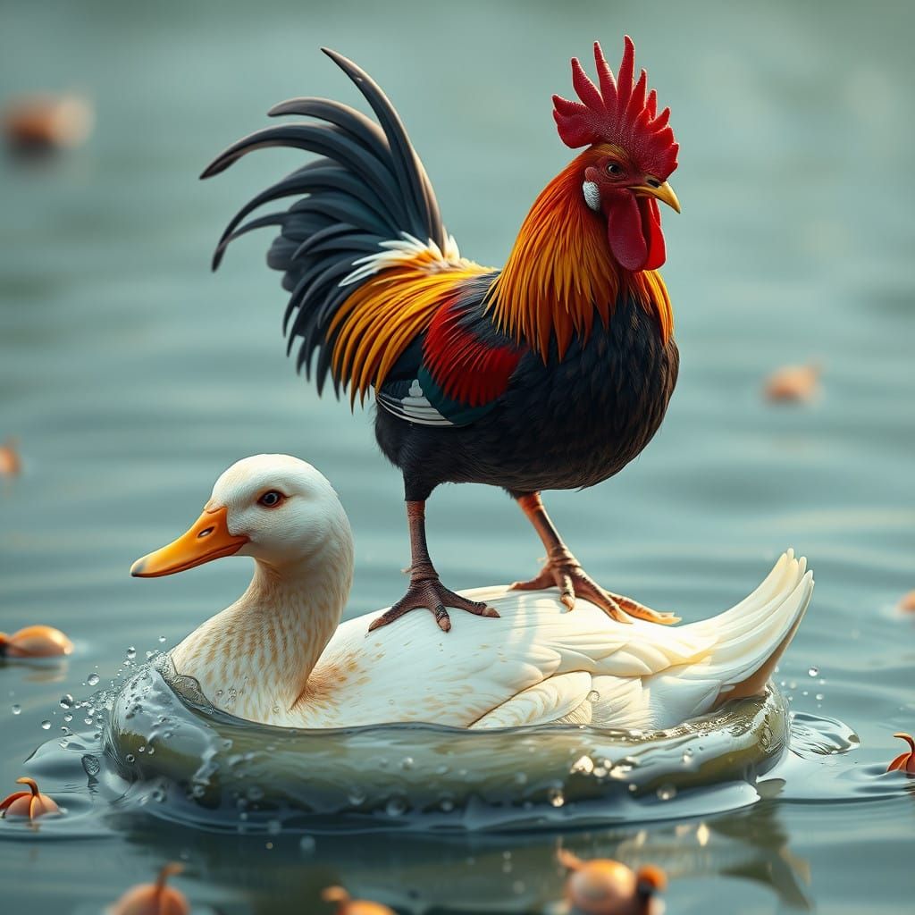 Vibrant Rooster Climbs Bright Duck in Whimsical Bath Scene