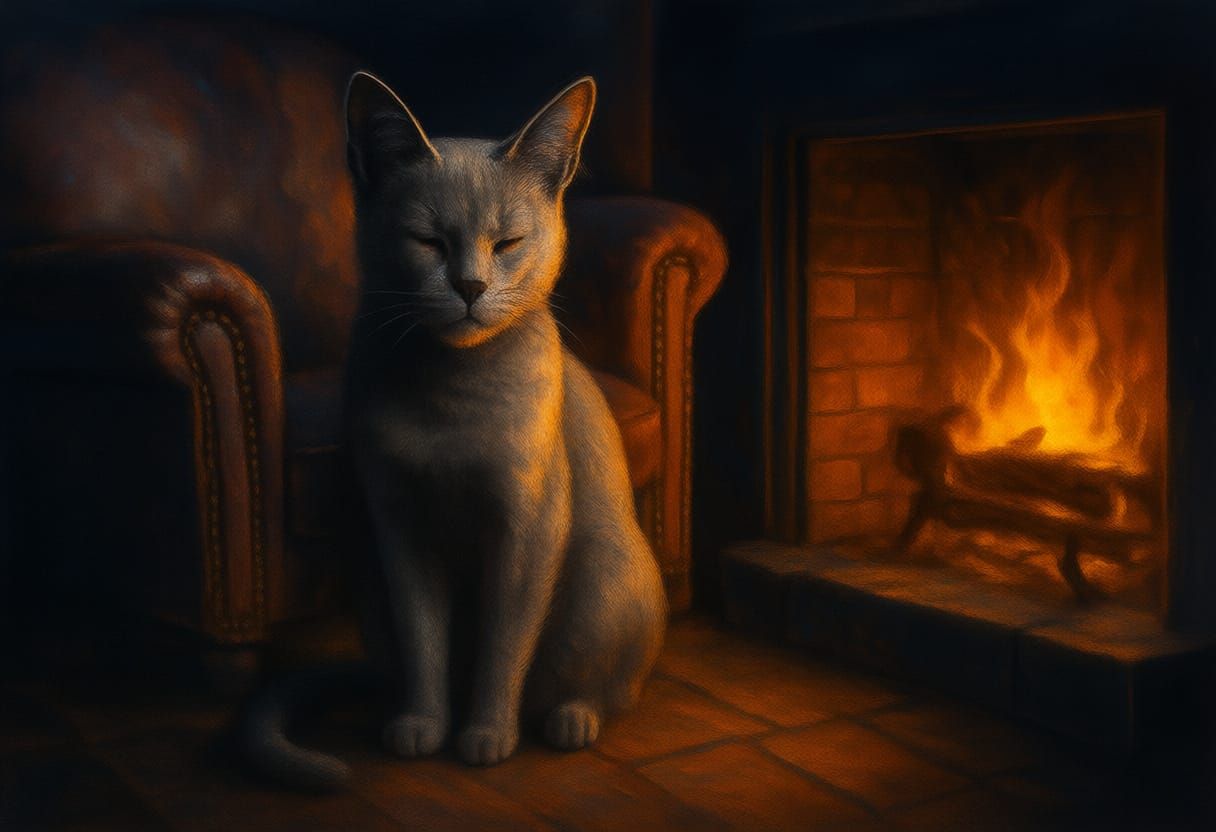 Majestic Siamese Cat on Leather Chair by Fireplace