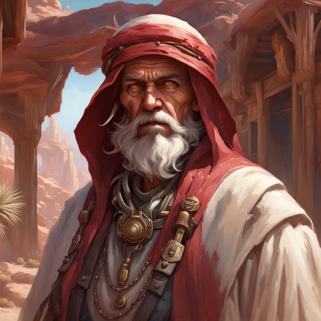 Sci-Fi Merchant Portrait with Crimson Halo