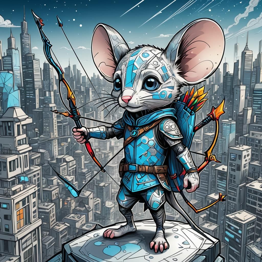 Hawkeye Mouse Archer in Futuristic Cityscape Doodle
