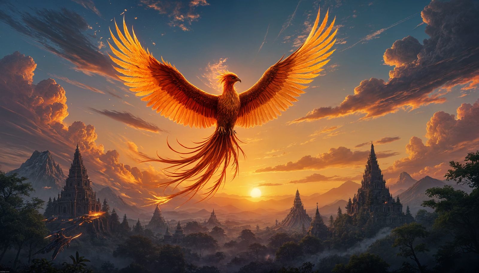 Majestic Fire Phoenix Soaring at Twilight