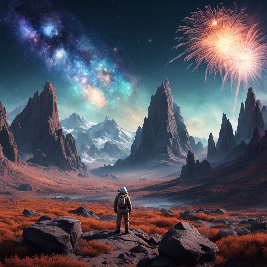 Astronaut Gazing at Cosmic Fireworks in Bierstadt Style