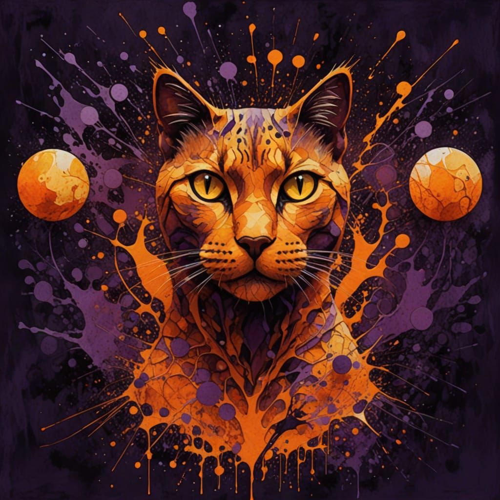 Orange Cat Silhouette in Pollock-Inspired Artistic Explosion