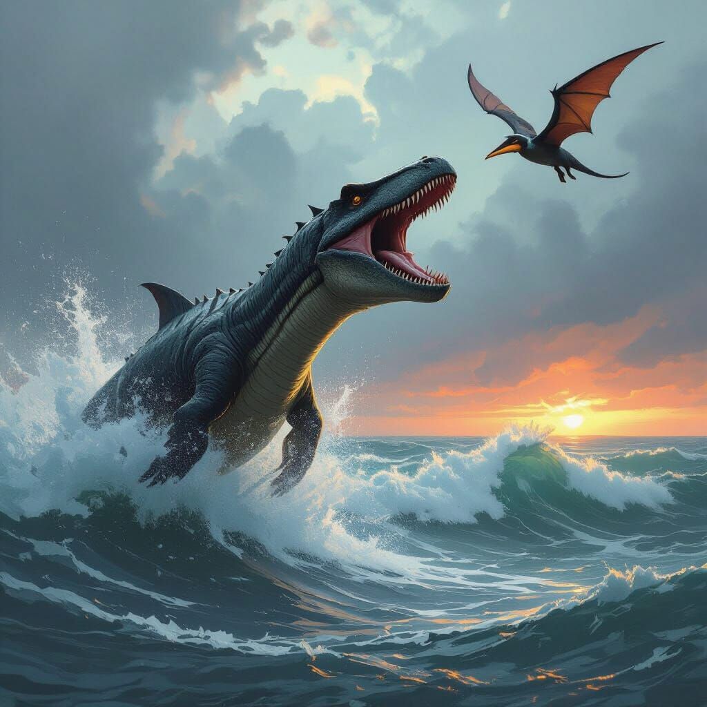 Plesiosaur Attack on Pterodactyl in Dramatic Sci-Fi Style
