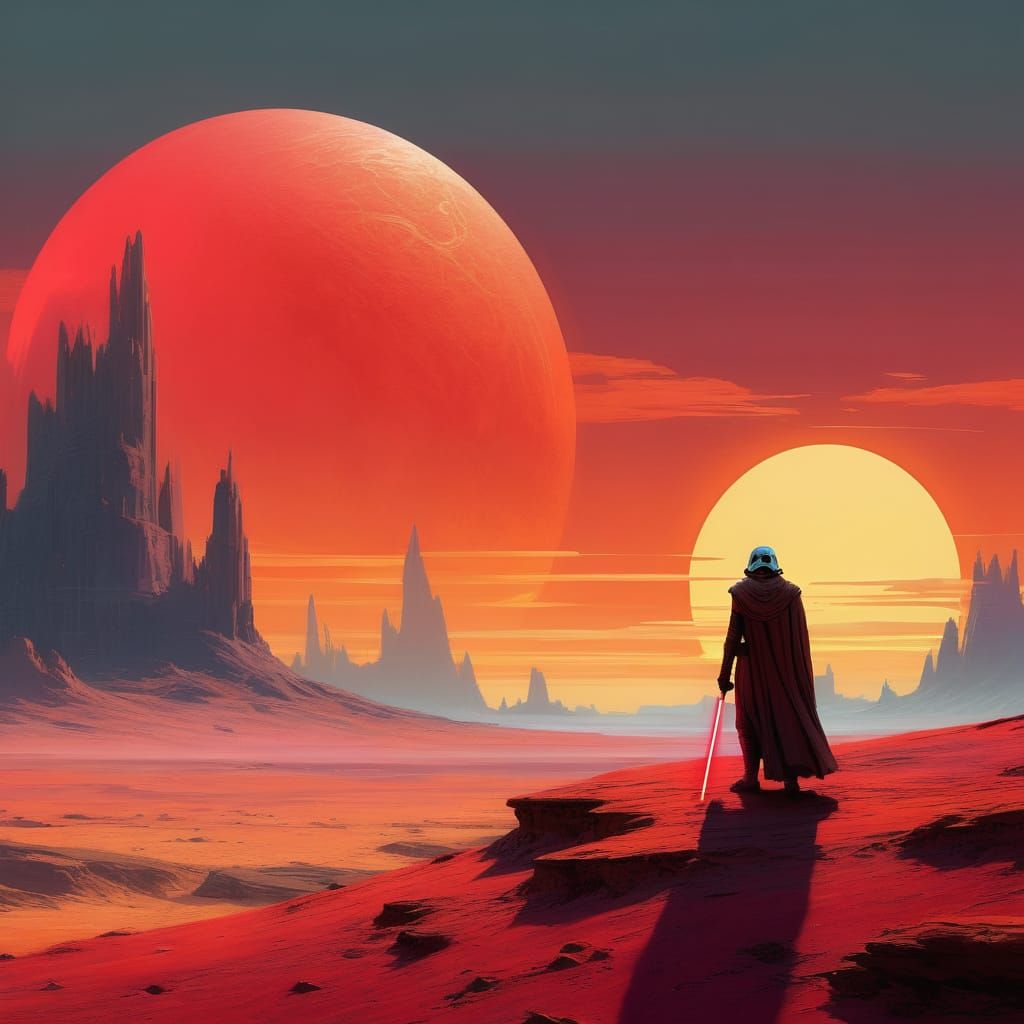 Lone Jedi Contemplates Triple Sunset on Crimson Planet