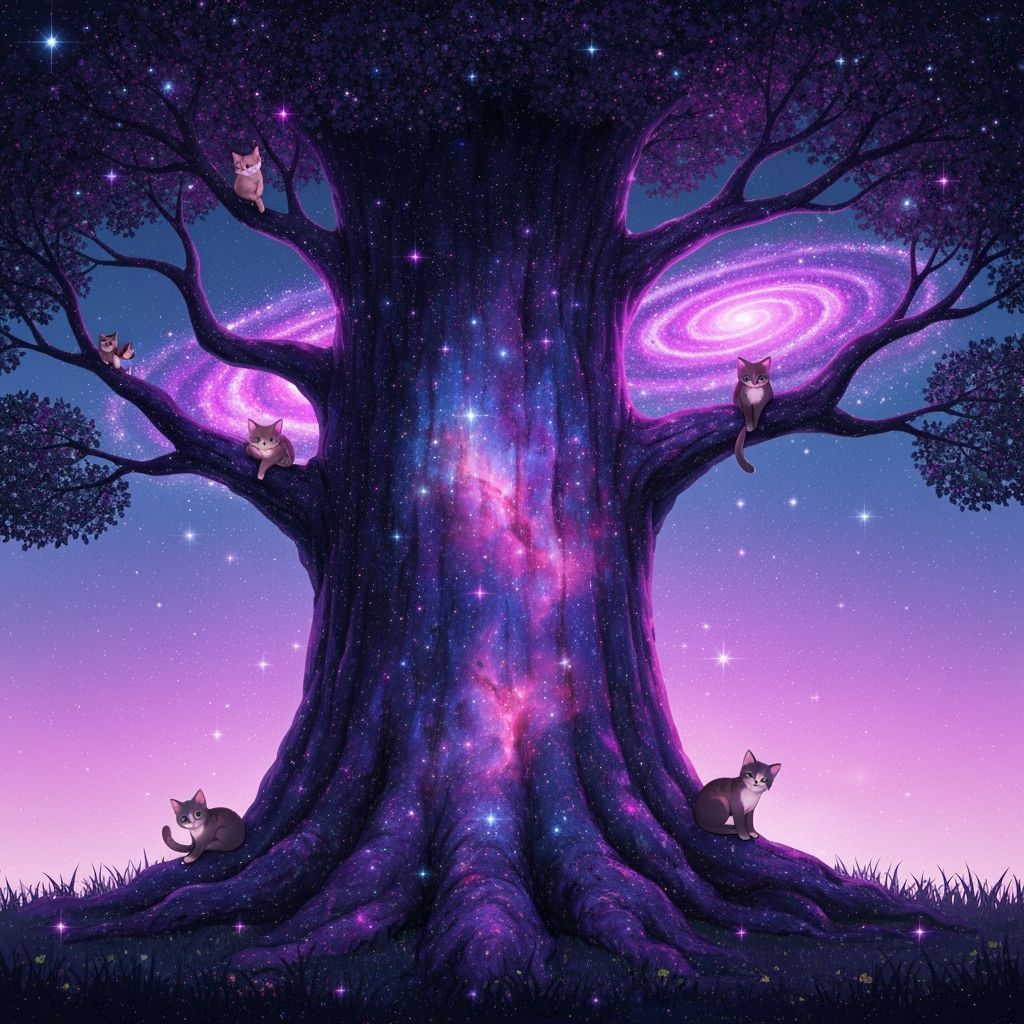 Nebula Bark Tree with Kittens: Dreamy Art