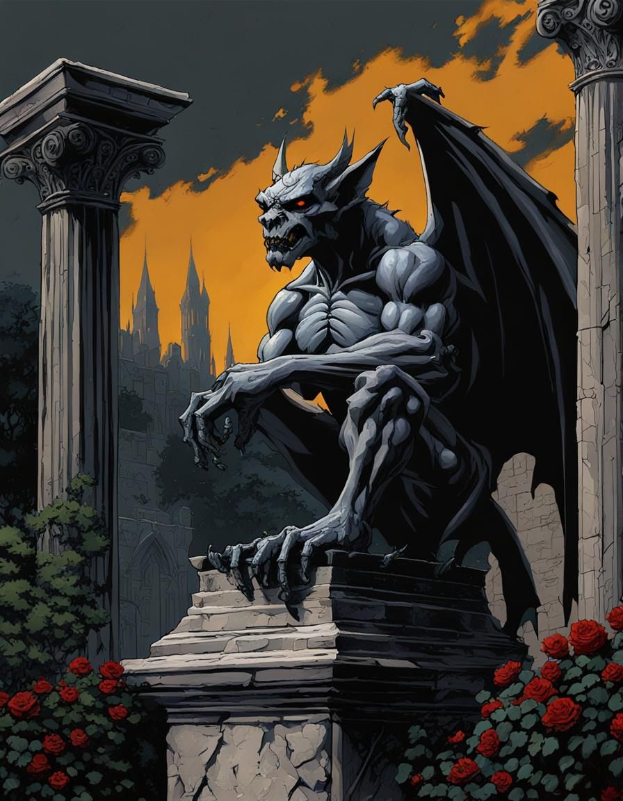 Gargoyles Guarding Black Rose Garden in Gothic Art