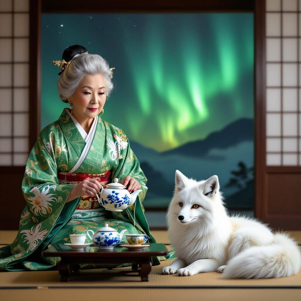 Elderly Asian Woman Pours Tea Beside Majestic Nine-Tailed Fo...