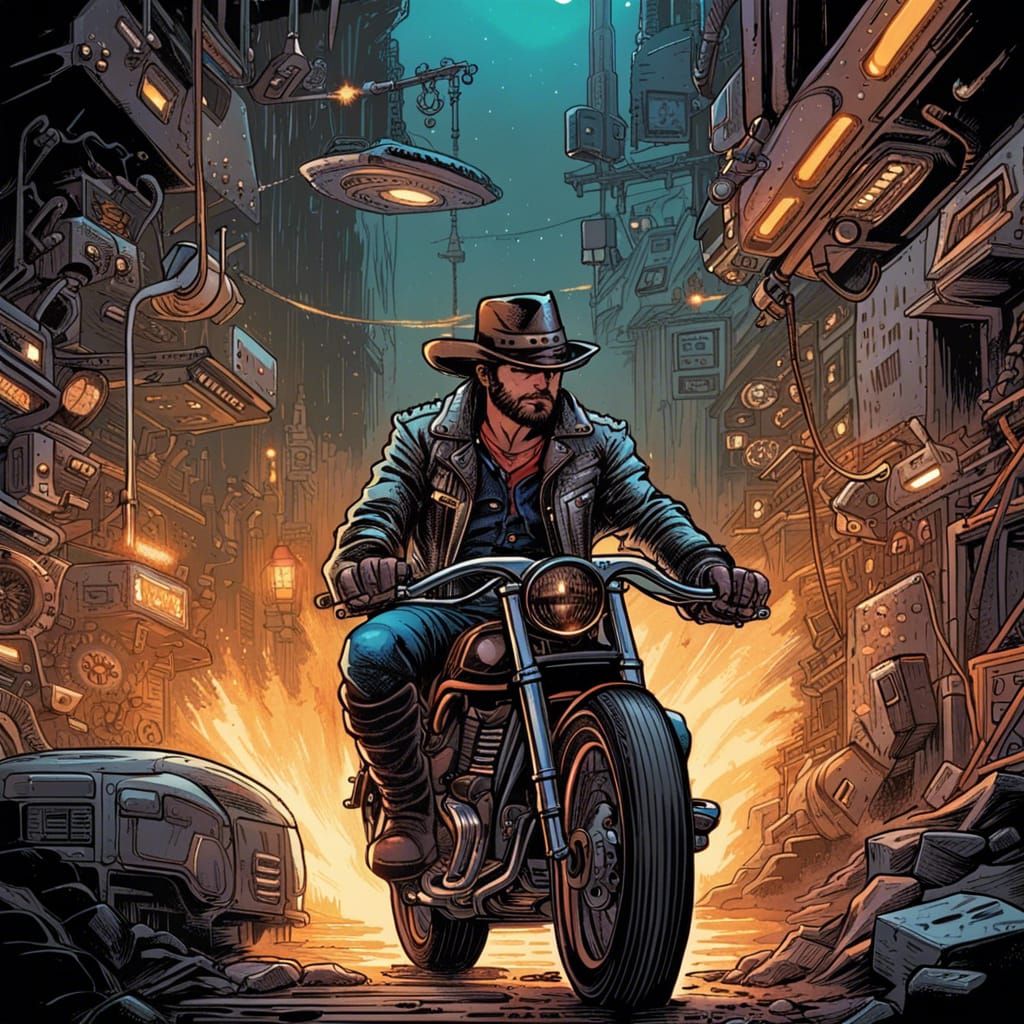 Sci-Fi Cowboy Motorcycle Repair: Comic Book Art