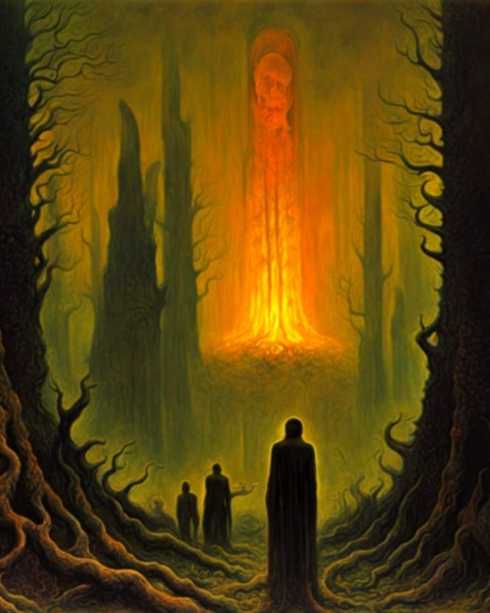 Eldritch Lord Emerges from Smoldering Forest in a Fiery, Cyb...