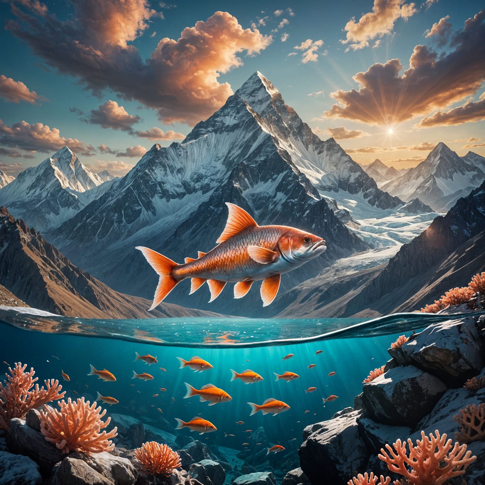 Fish Swim Above Everest in Dreamlike Landscape