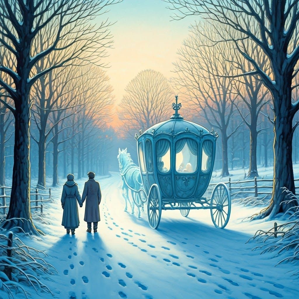 Whimsical Aquarelle Painting of a Couple Walking in Snowy Wo...