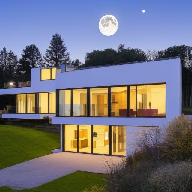 Modern German House with Pool at Night
