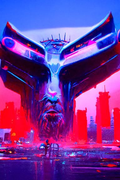 The sacred robot god sinister by Greg Rutkowski detailed matte painting cyberpunk 2099 blade runner 2049 neon