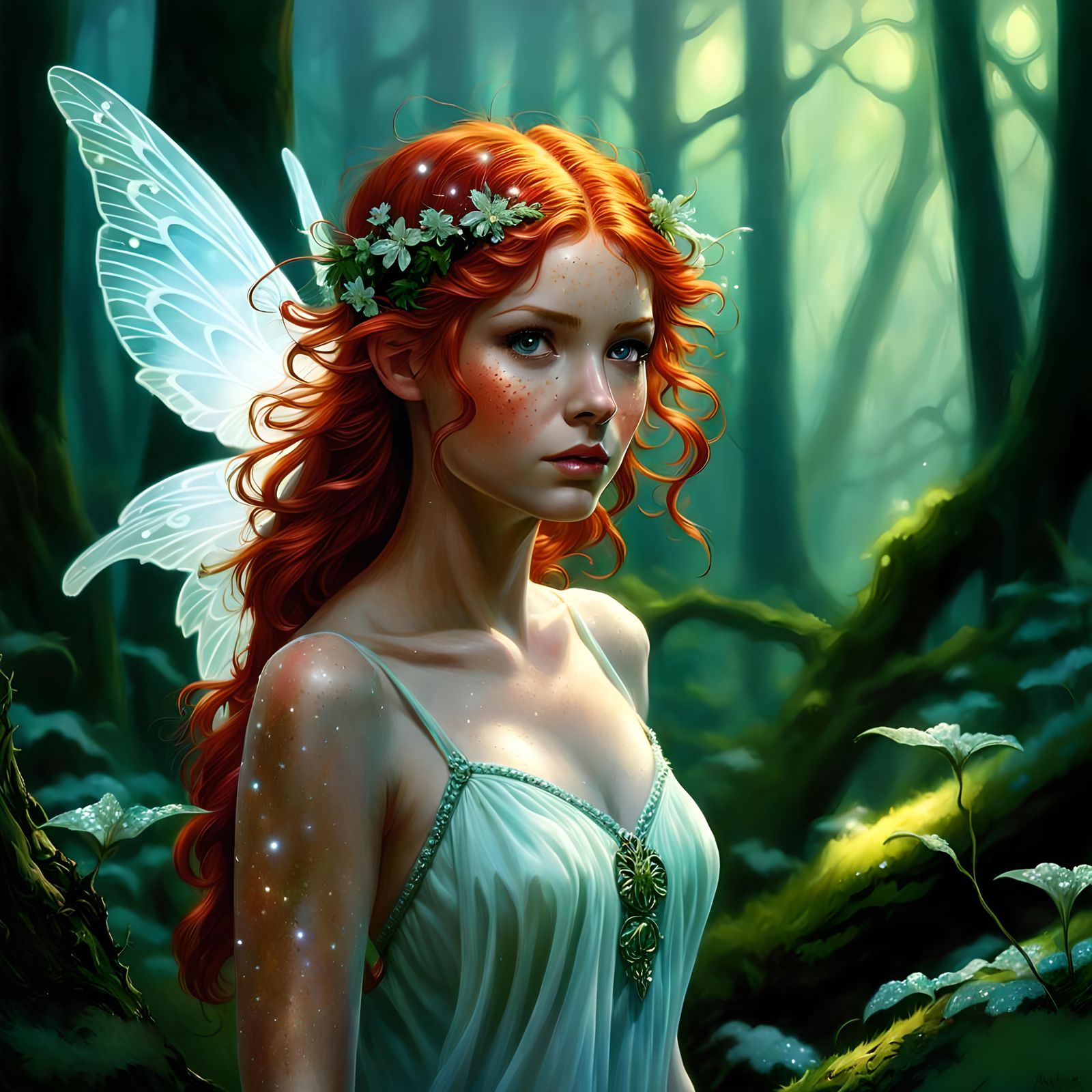 Ethereal Redhead Fairy Portrait in Magical Forest