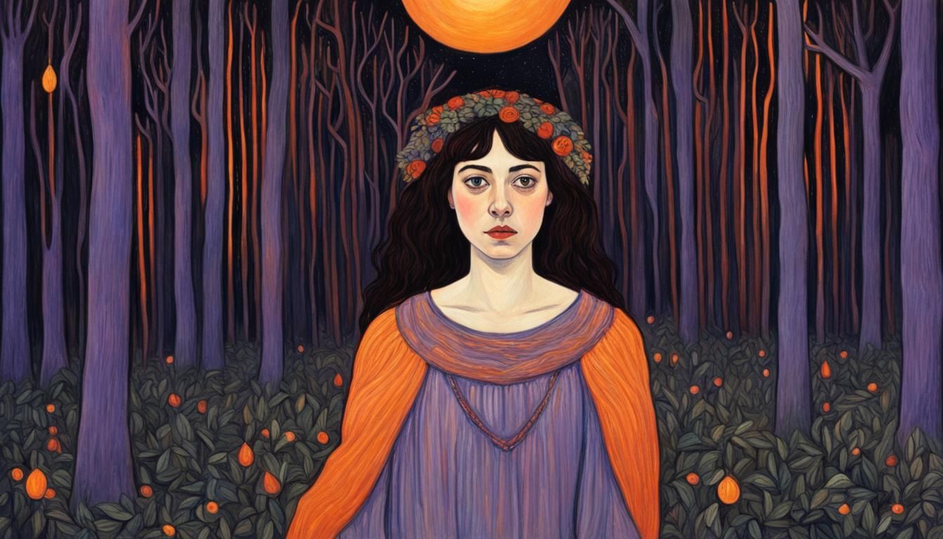 Aubrey Plaza in Ethereal Forest, Pre-Raphaelite Style