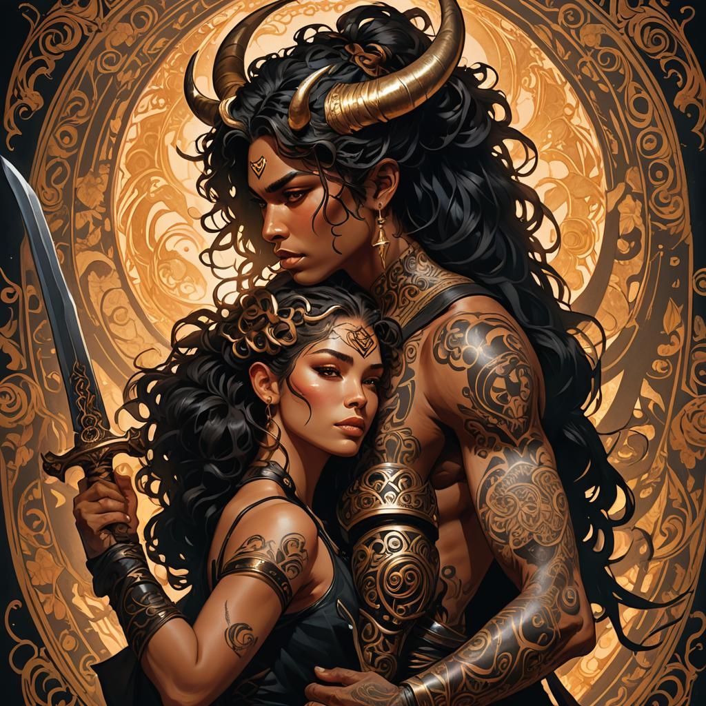 Fantasy Heroine Embraces Horned Warrior with Katana