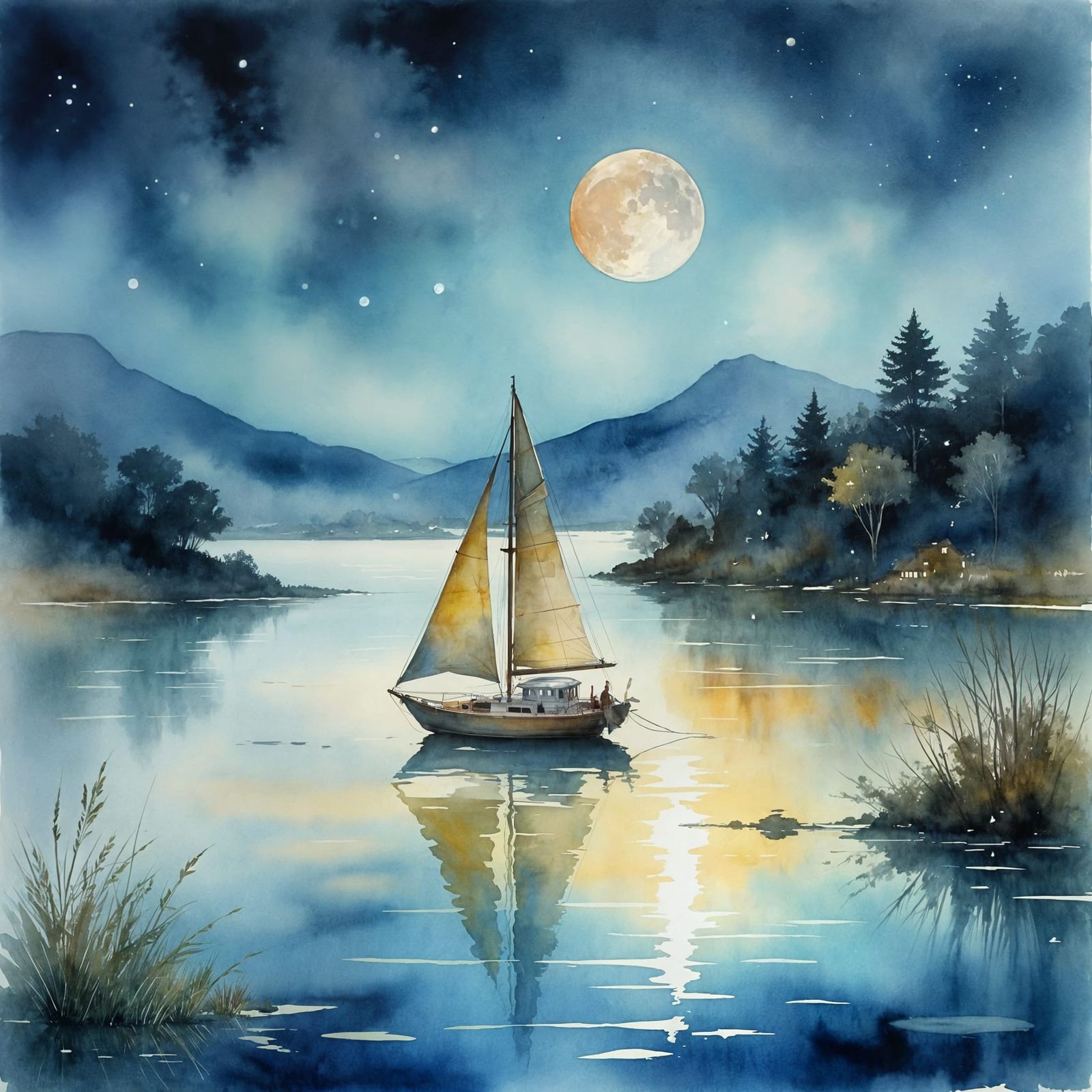 Moonlit Watercolor of a Serene Lagoon