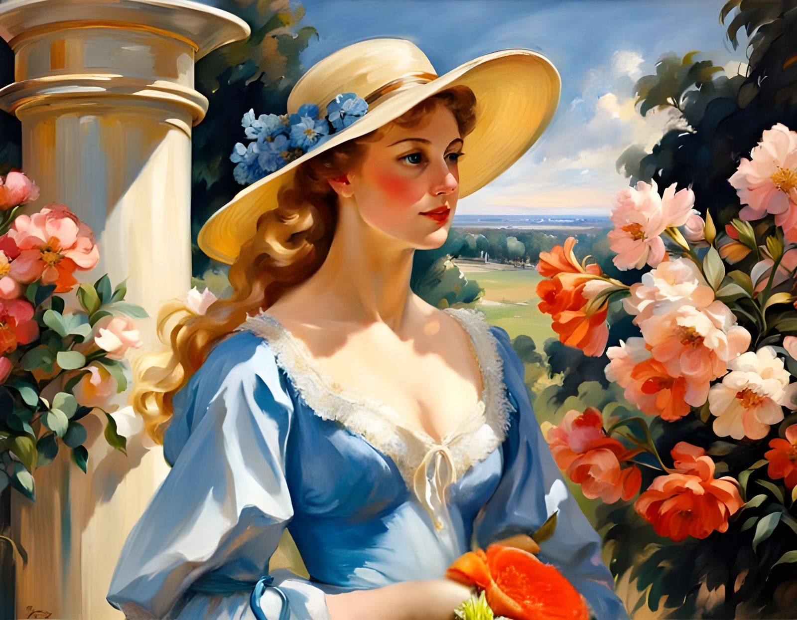 Classical oil painting of a lady in a classical garden